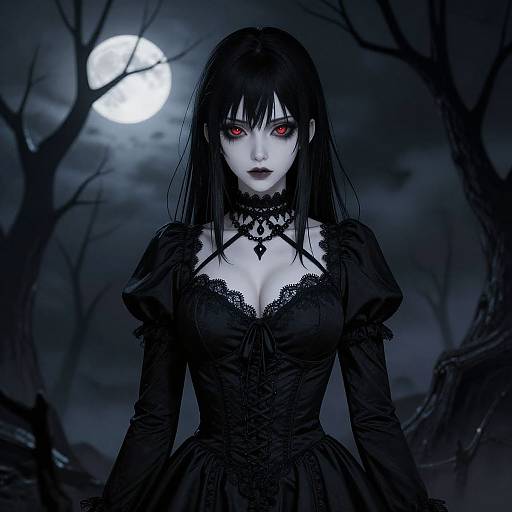 Digital art: Gothic vampire woman with pale skin, red eyes, black hair, lace dress, moonlit forest background, bare trees, eerie atmosphere.