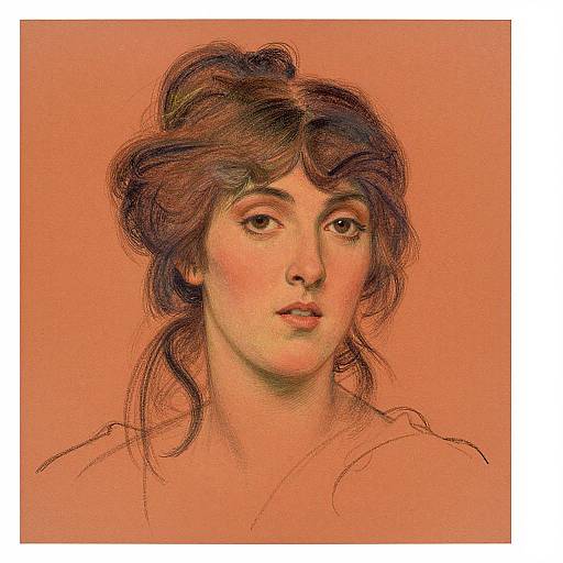 Digital drawing of a woman with wavy, dark brown hair and soft features, set against an orange background. She gazes slightly to the right with