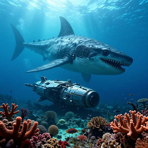 Photograph of a large shark with sharp teeth swimming above a submerged, cylindrical metal object, surrounded by colorful coral reefs in a deep blue ocean.