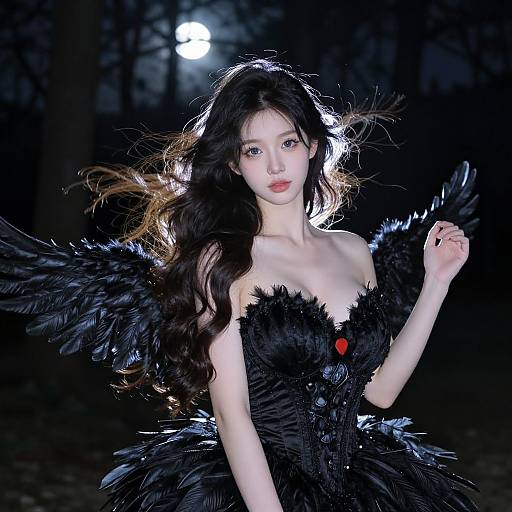 Photograph of an East Asian woman with long, wavy black hair, wearing a black feathered dress with red gem, standing in a dark forest