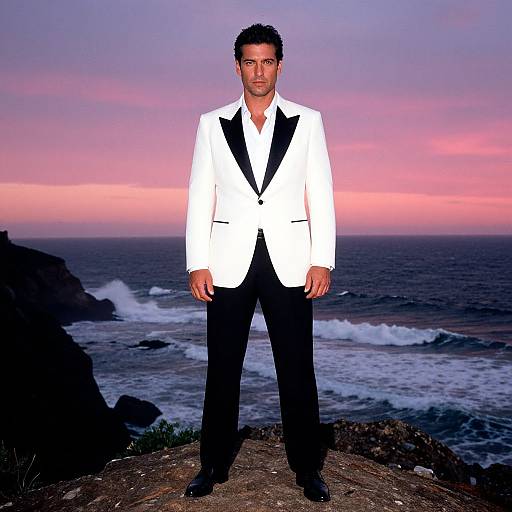 Photograph of a dark-haired man in a white tuxedo with black lapels, standing on a rocky cliff at sunset, ocean waves in background