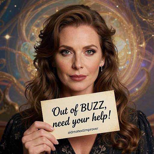 Photograph of a woman with wavy brown hair, wearing a black lace top, holding a sign reading 