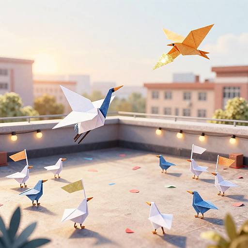 Origami Birds' Paper Airplane Derby at Dusk