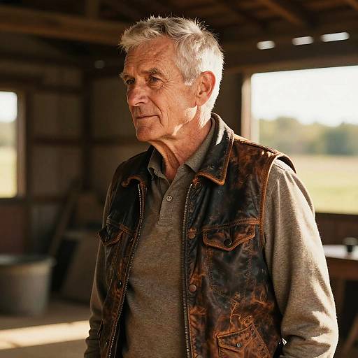 Elderly Man with Taper Cut in Barn