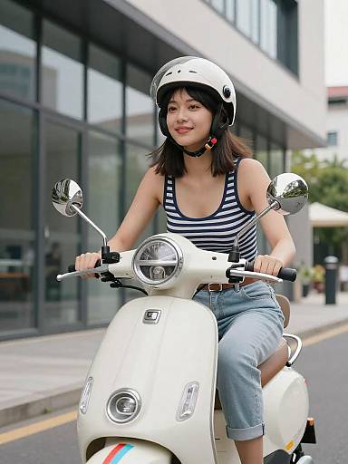 Young Woman Riding White Scooter in Urban Area
