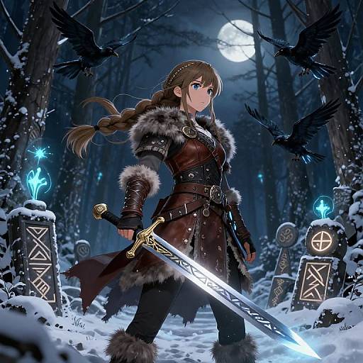 Digital anime-style artwork of a brave female warrior with long braided brown hair, wearing a fur-trimmed dark coat, standing in a snow-covered