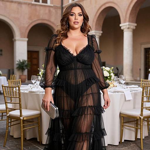 Photograph of a curvy woman with wavy brown hair in a sheer black, ruffled dress, holding a silver clutch, standing in an elegant
