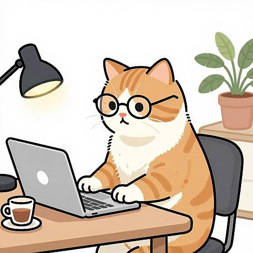 Cozy Cat Working on Laptop Sketch