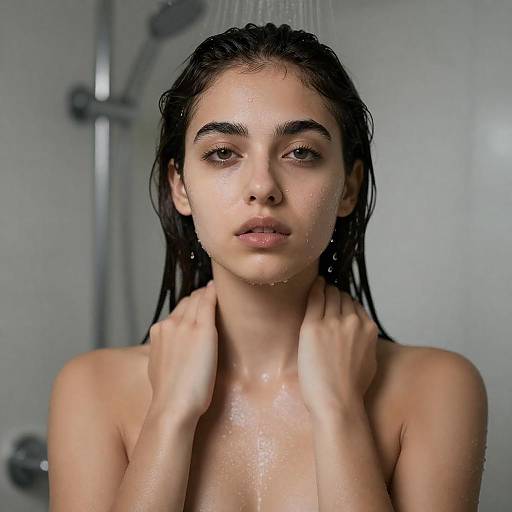 Young Woman Showering with Intense Gaze