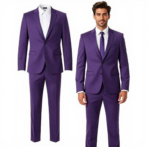 Photograph of a dark purple, well-fitted suit with a white shirt and dark tie, worn by a handsome, bearded man with dark hair