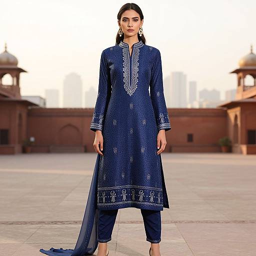 Photograph of a woman in an elegant blue embroidered traditional Indian outfit, standing in a spacious, sunlit courtyard with red brick buildings in the background.