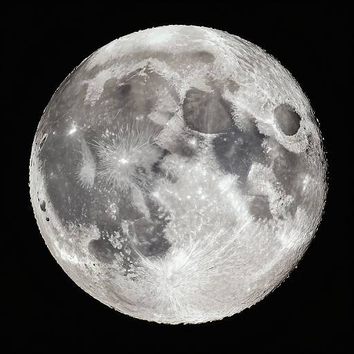 Photograph of a bright, detailed full moon with craters and grayish shadows, set against a stark black night sky.