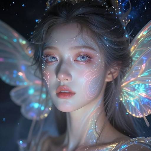 Digital painting of a fair-skinned, ethereal woman with glowing blue eyes, iridescent butterfly wings, and shimmering light patterns on her face