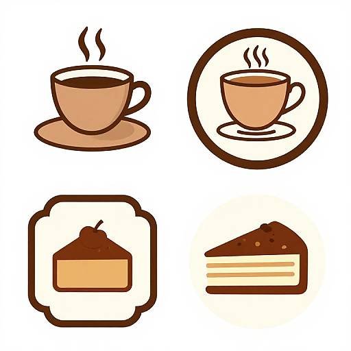Digital illustration of four icons: steaming coffee cup on saucer, framed steaming cup, slice of cheesecake with brown topping, layered cake with