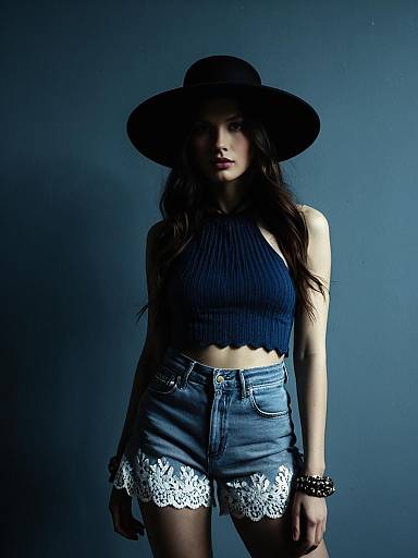 Woman in Boho Chic Outfit with Wide-Brimmed Hat