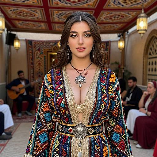 Photograph of a beautiful, dark-haired woman with olive skin, wearing a vibrant, patterned robe with deep neckline, ornate necklace, and gold