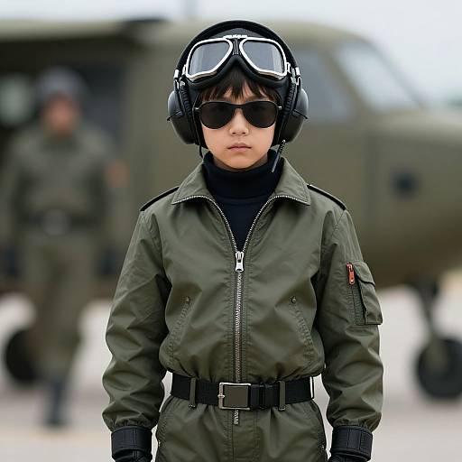 Photograph of a young Asian boy in a black helmet, goggles, and dark sunglasses, wearing a green military-style flight suit with a black belt,