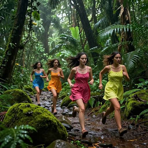 Girls Running Through Vibrant Rainforest