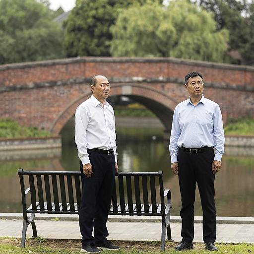 Men by Pond with Bridge and Bench