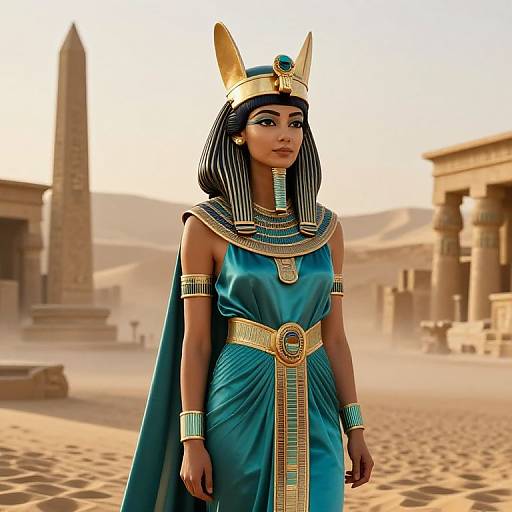 Digital art of an Egyptian queen with dark skin, blue dress, gold headdress, and jewelry, standing in a sunlit, ancient desert city.