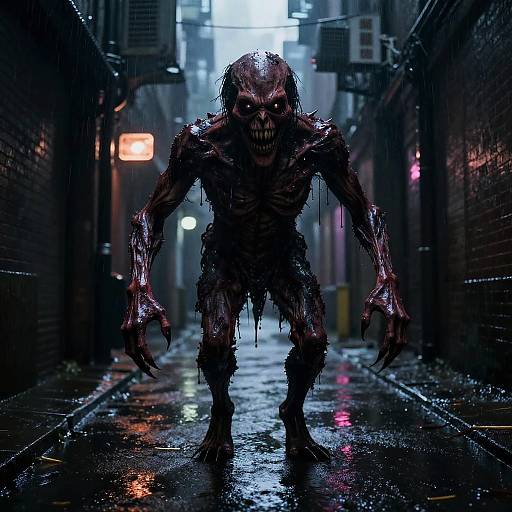 CGI horror image of a wet, skeletal, muscular monster with dripping skin and sharp teeth standing in a dark, neon-lit, rain-soaked