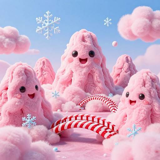 Cute CGI pink, fluffy, alien-like creatures with black eyes and rosy cheeks sit in a snowy, blue sky background, surrounded by candy cane
