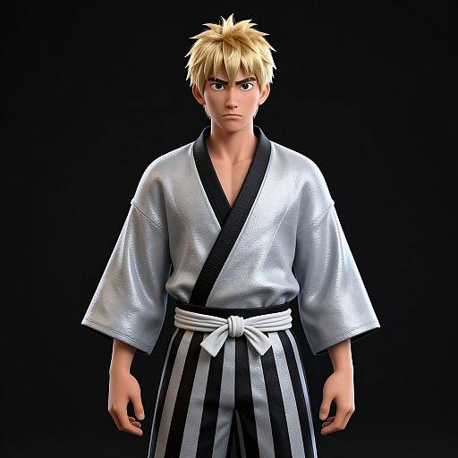 CGI anime-style character with spiky blonde hair, serious expression, wearing a silver kimono with black trim and white belt, black-striped pants,