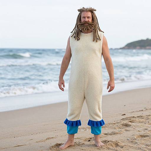 Man with dreadlocks in white onesie with blue cuffs stands barefoot on beach, waves and coastline in background. Photorealistic image.