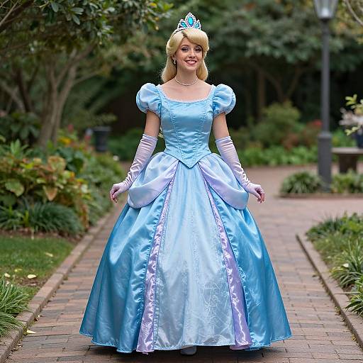 Photograph of a blonde woman in a blue princess gown, white gloves, and tiara, standing on a garden path with lush greenery.