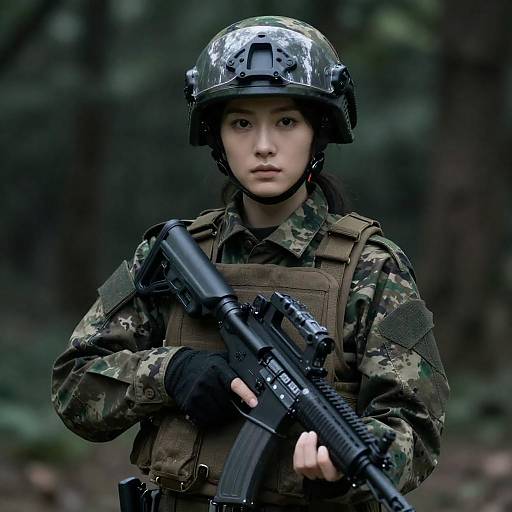 Intense Woman in Camouflage Uniform