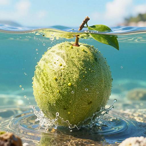 Photograph of a green, textured lime underwater, partially submerged, with water droplets and splashes around it, clear blue water background, and a