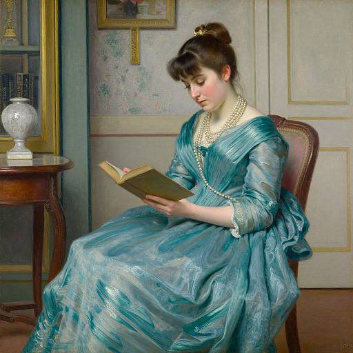 Photograph-style painting of a fair-skinned woman with dark hair in an updo, wearing a teal, pearl-embellished dress, reading
