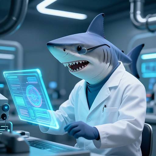 Digital artwork of a shark anthropomorphized in a lab coat, wearing glasses, and typing on a glowing blue computer in a futuristic, industrial lab