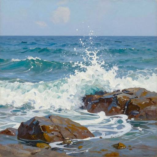 Ocean Waves Crashing on Rocky Shore