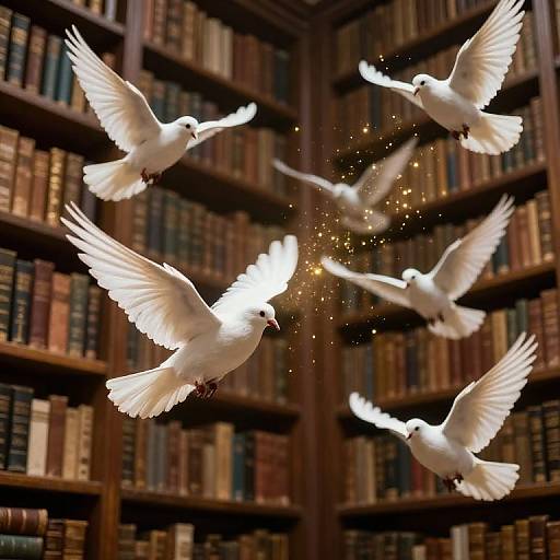 Photograph of six white doves with glowing wings flying in a library, surrounded by golden sparkles, against dark wooden bookshelves.