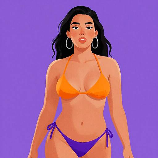 Digital illustration of a curvy woman with long black hair, wearing a bright orange bikini top and purple bikini bottom, against a solid purple background, with