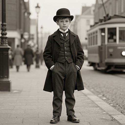 Young Boy in Victorian Clothing on Historic Street
