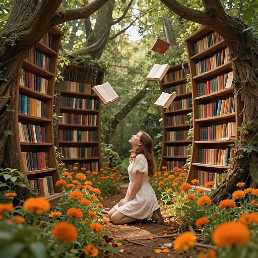 Photograph of a woman in a white dress, kneeling amidst orange marigolds, surrounded by floating books between tree-trunk bookshelves in a