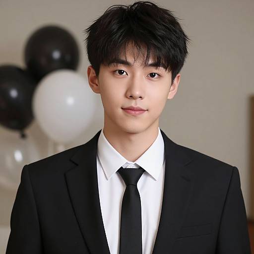 Photograph of an Asian man with black hair, wearing a black suit, white shirt, and black tie, against a blurred background with black and white