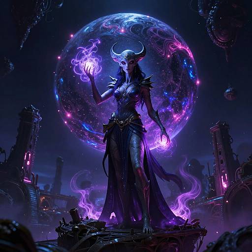 Alien Sorceress in Neon Cosmic Ruins