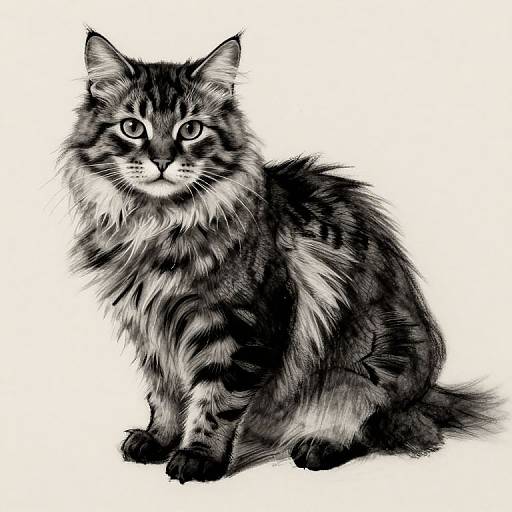 Charcoal Drawing of Fluffy Tabby Cat