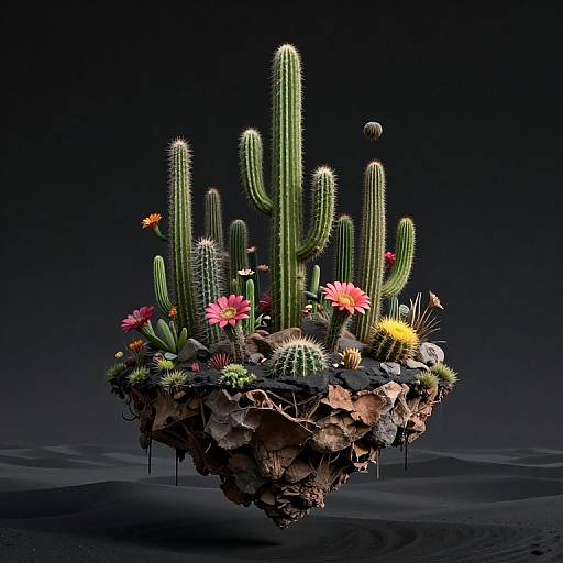 Floating desert island with tall cacti, vibrant flowers, spiky plants, and rocky base against a dark, minimalist background. Photorealistic CGI