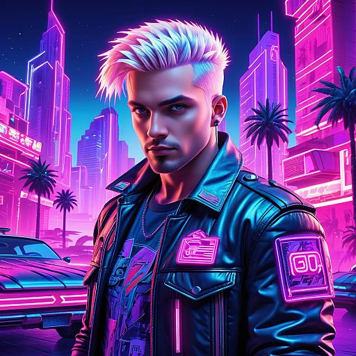 Determined Male in Neon Cityscape Determined Male in Neon Cityscape