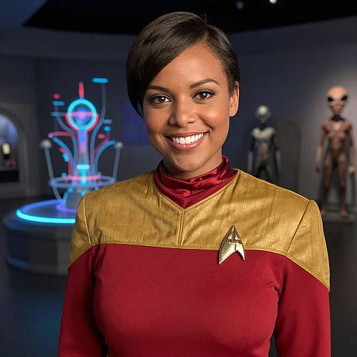 Photograph of a smiling Black woman with short black hair in a Star Trek-style red and gold uniform, standing in a futuristic, dimly lit room