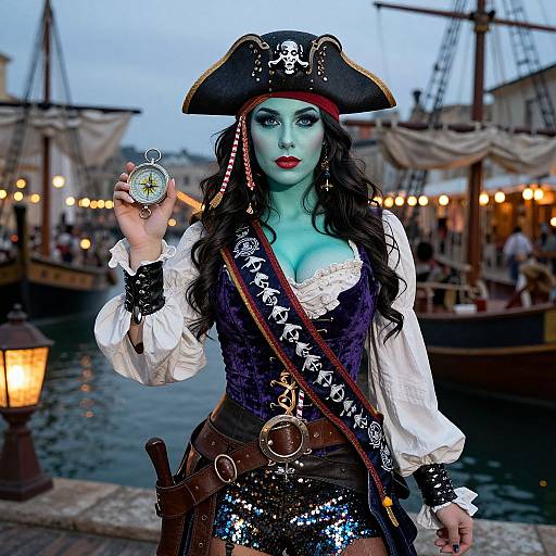 Photograph of a blue-skinned woman in pirate costume, with black tricorn hat, white blouse, sequin skirt, holding a compass, in