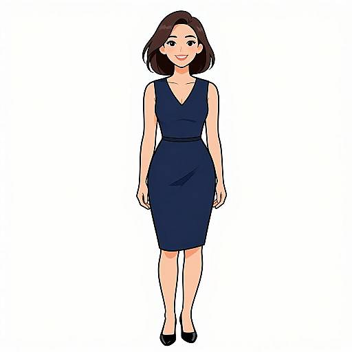 Digital illustration of a smiling Asian woman with shoulder-length black hair, wearing a sleeveless navy blue dress and black heels.