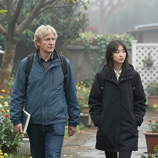 Mysterious Encounter in a Foggy Garden