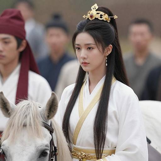 Elegant Young Woman Beside a White Horse