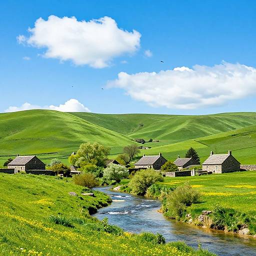 Photograph of a picturesque countryside with green rolling hills, a clear blue sky, fluffy white clouds, and a small village of stone houses along a flowing