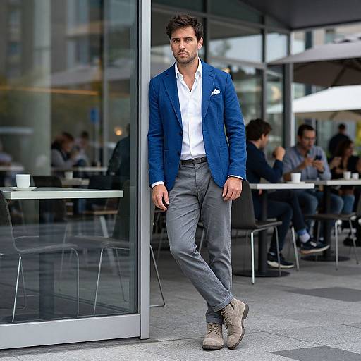 Photograph of a handsome, bearded man in a navy blazer, white shirt, gray pants, and beige boots, walking outside a modern café